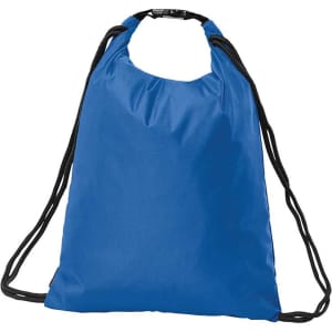 A blue drawstring bag with black cords and a simple design, featuring a logo on the front.