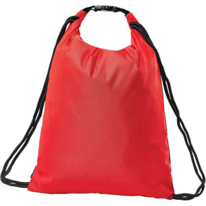A red drawstring bag with black straps, featuring a simple design and a branded logo.