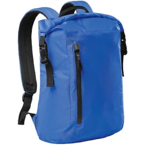 A blue roll-top backpack with adjustable straps and a front zipper pocket. It features a logo on the front.