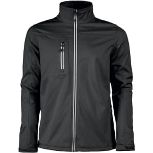A men's softshell jacket in black with a zippered front and a chest pocket, featuring a logo.