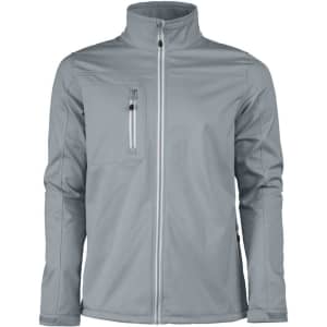 A softshell jacket in light grey with a zippered chest pocket and a high collar. The jacket features a branding logo.
