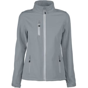 A light grey women's softshell jacket featuring zippered pockets and a collar. It has a logo on the design.
