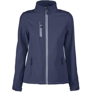 A women's softshell jacket in navy blue with zippered pockets and a branded logo.