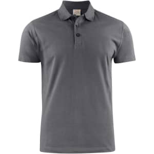 A grey men's cotton polo shirt with a collar, three buttons, and a small logo on the chest.