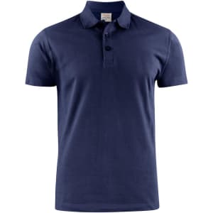 A navy men's cotton polo shirt with a collar and three-button placket, featuring a logo.
