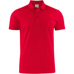 Red men's cotton polo shirt with a collar and three-button placket, featuring a logo.