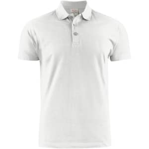 A light grey cotton polo shirt featuring a collar and three-button placket, with a logo on the chest.