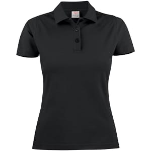 A black women's cotton polo shirt featuring a collared neckline and three buttons, with a logo on the label.