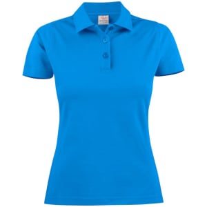 A women's cotton polo shirt in vibrant blue with a collar and three-button placket, featuring a logo.