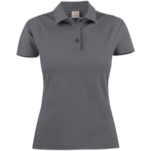 A grey women's cotton polo shirt featuring a classic collar and three-button placket, with a small logo.