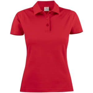A red women's cotton polo shirt with a collared neckline and button placket, featuring a small logo.