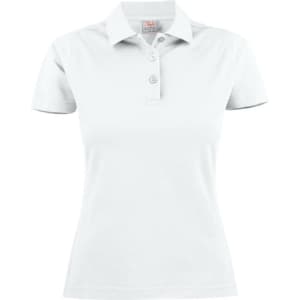 A light grey women's cotton polo shirt with a collared neckline and three buttons, featuring a logo.