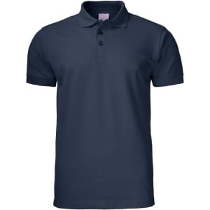 A navy polo shirt with a collar, short sleeves, and a front placket with buttons. It features a branding logo.