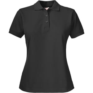 A black women's cotton polo shirt featuring a collar and three buttons, with a logo on the chest.
