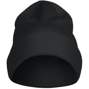 A black beanie featuring a ribbed design, showcasing a simple, fold-over style and has a logo.