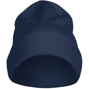 A navy Flexball Beanie with a ribbed texture and a logo, designed for headwear.