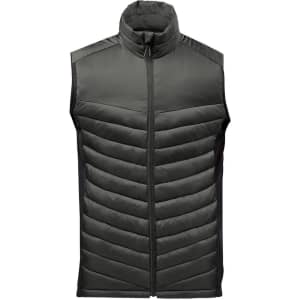 A men's thermal vest in dark green with a padded design and a zip-up front. The vest features a logo.