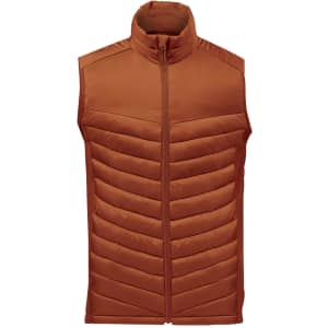 A men's thermal vest in a rust colour with a high collar and chevron quilted design. Features a front zipper and has a logo.
