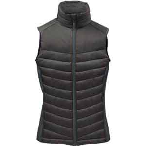 A women's thermal vest in dark green with a high collar and padded design, featuring side panels and a logo.
