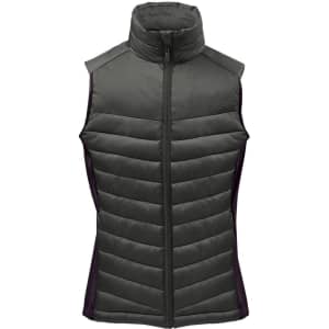 A thermal vest in dark green with a high collar and quilted design, featuring side panels in a contrasting colour.