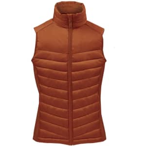 A women's thermal vest in a warm, rust colour with a high neck and zip closure, featuring quilted detailing and a logo.
