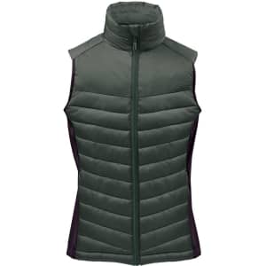 A green women's thermal vest with a high collar and padded design, featuring black side panels and a front zipper.