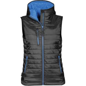 A black thermal vest with a blue inner lining and a hood, featuring zippered pockets and a logo.