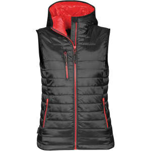 A women's thermal vest in black with red accents and a hood, featuring zip pockets and a front zipper.