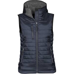 A dark navy women's thermal vest featuring a hood, zippered front, and side pockets. It has a smooth, shiny finish and includes a logo.