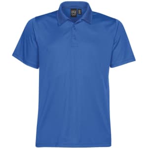 A blue men's polo shirt featuring a classic collar and a logo on the label.
