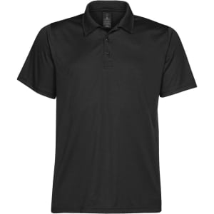 A black men's polo shirt featuring a classic collar and three-button placket, with a logo on the chest.