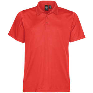 A red men's polo shirt with a collared neckline and three buttons, featuring a logo on the chest area.