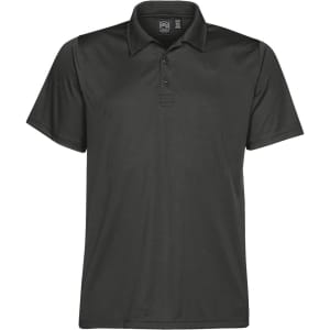 A men's polo shirt in black with a collar, short sleeves, and a branded logo on the chest.