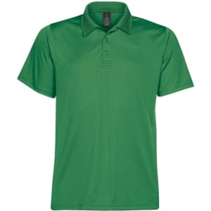 A green men's polo shirt featuring a classic collar and a logo.