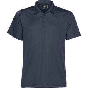 A navy polo shirt with a classic collar and three buttons, featuring a logo on the chest area.