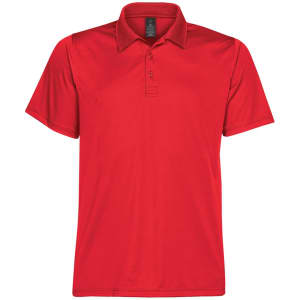 A red men's polo shirt with a collar and short sleeves, featuring a branding logo.