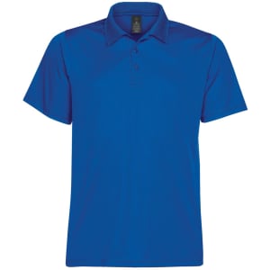 A blue polo shirt with a collar and short sleeves, featuring a logo. Suitable for casual wear.