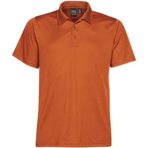 An orange polo shirt with a classic collar and a logo on the chest, featuring short sleeves and a relaxed fit.