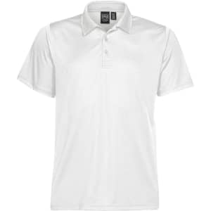 A white polo shirt featuring a collar, short sleeves, and a logo. Ideal for casual or smart-casual occasions.