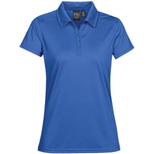 A women's polo shirt in vibrant blue with a classic collar and a logo on the label.