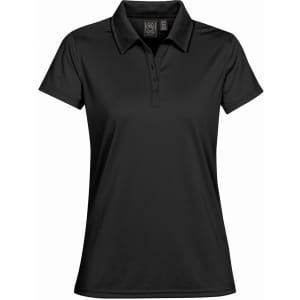 A black women's polo shirt featuring a collar and buttons, designed for casual or athletic wear.