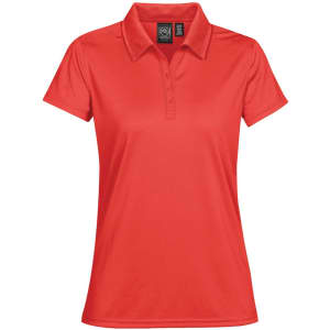 A red women's polo shirt featuring a collar and button placket, designed for casual wear. It has a logo on the label.