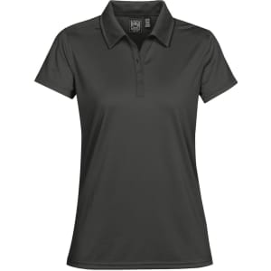 A women's polo shirt in dark grey, featuring a collar and a logo on the upper side.