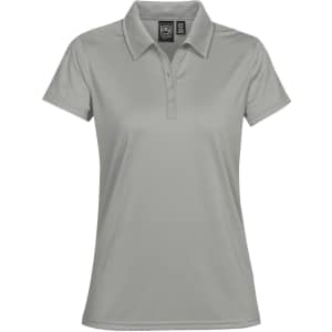 A women's polo shirt in light grey with a collar and a branding logo.
