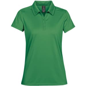 A green women's polo shirt with a collar and button placket. It features a logo on the chest.
