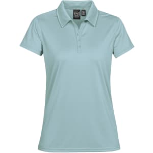 A women's polo shirt in a light blue colour with a collar and a logo on the tag.