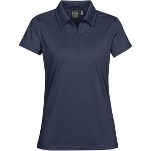 A navy women's polo shirt featuring a collar, short sleeves, and a button placket. It has a logo on the chest.
