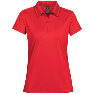 A red women's polo shirt with a collar, featuring a classic button placket and a logo.
