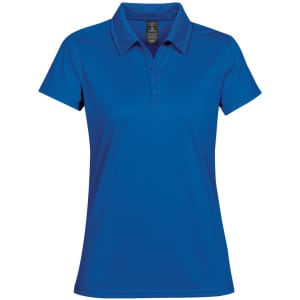A women's polo shirt in bright blue with a classic collar and a logo. Short sleeves and a tailored fit.