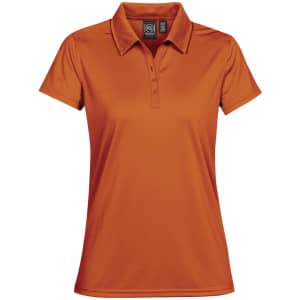An orange women's polo shirt featuring a collar and button placket, has a logo on the label.